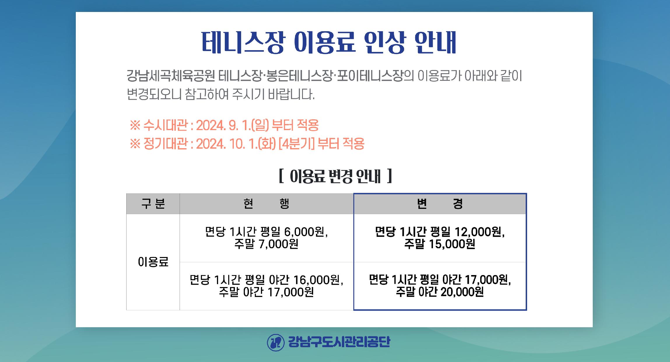 테니스장 이용료 인상 안내